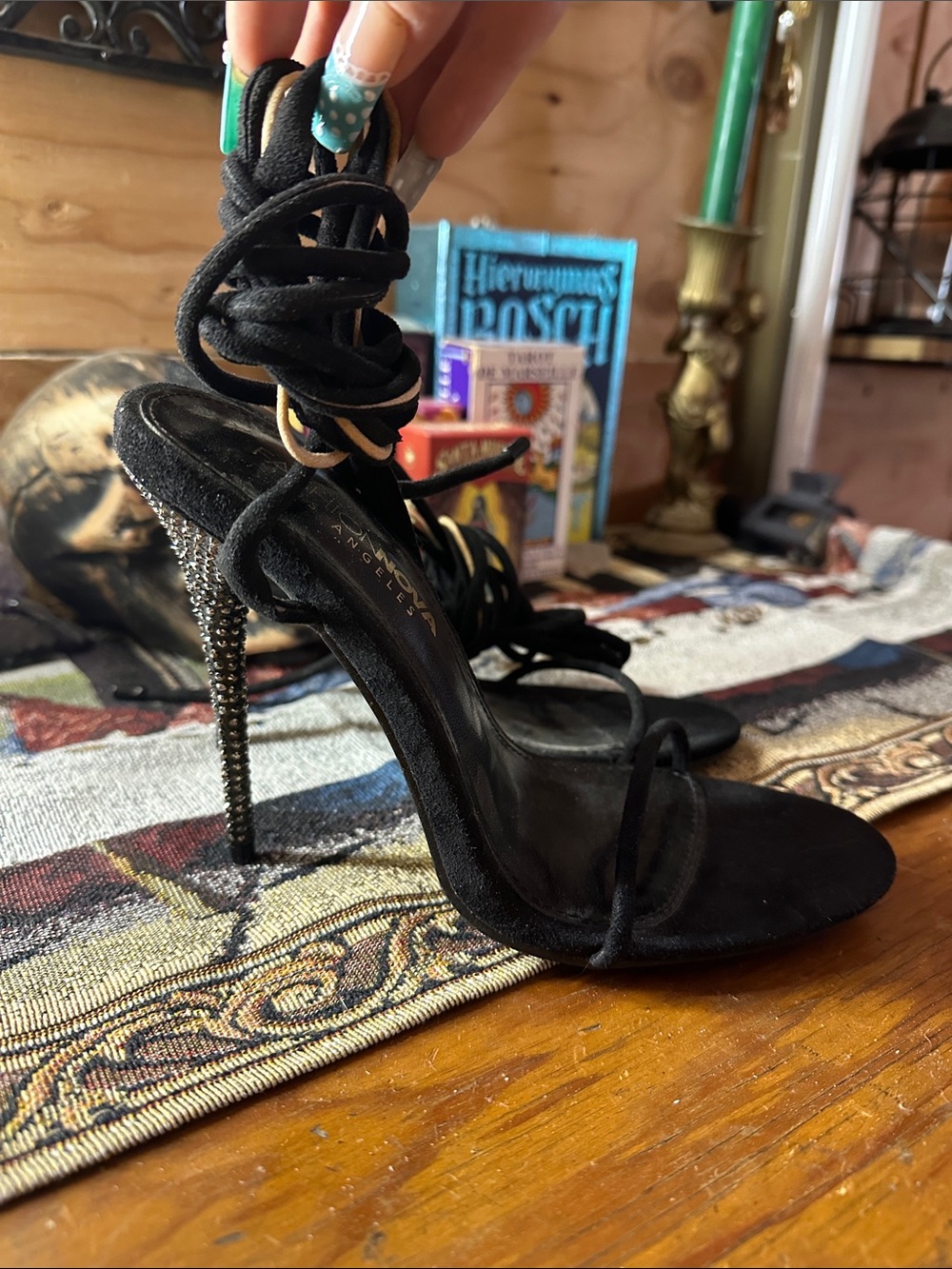 Fashion Nova Black Rhinestone Lace-Up Stiletto Sandals